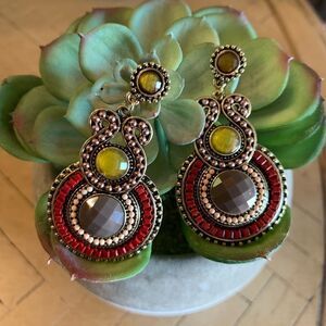 Bohemian Jeweled Earrings Red Yellow Taupe